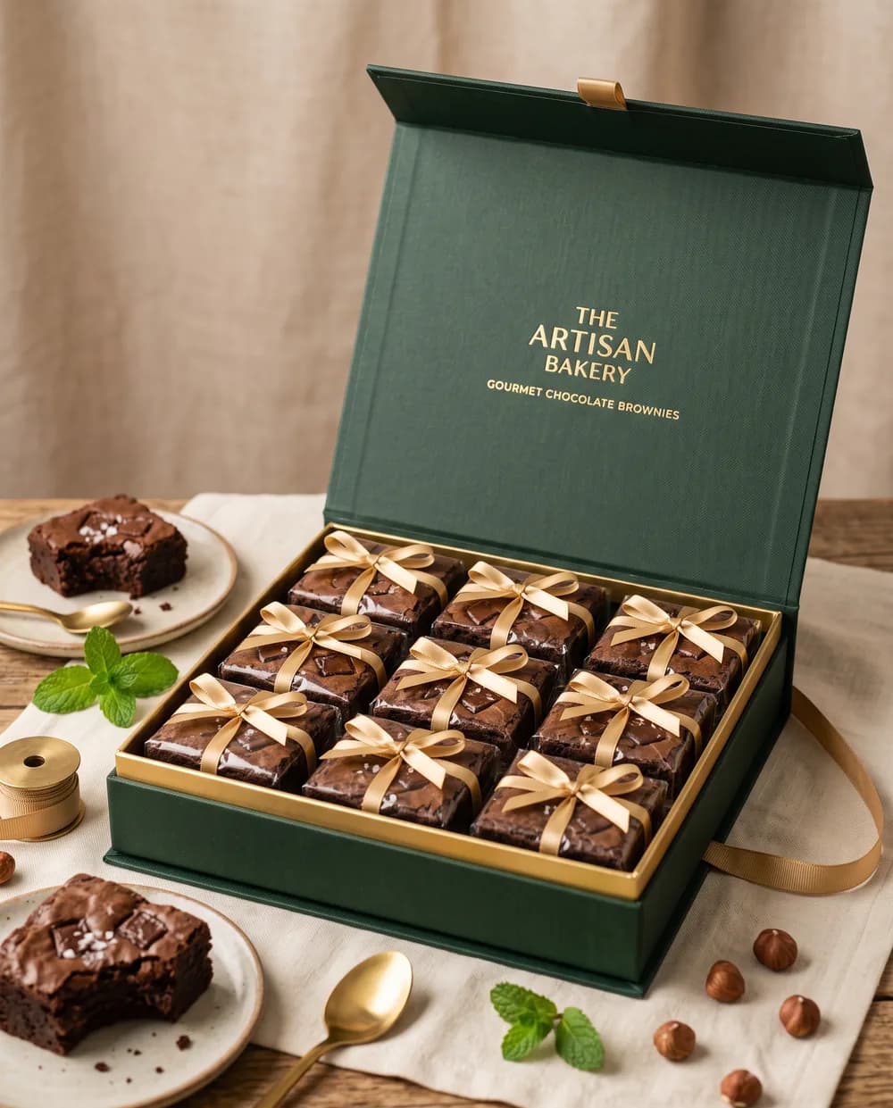 An open brownie gift box being packed with an assortment of brownies